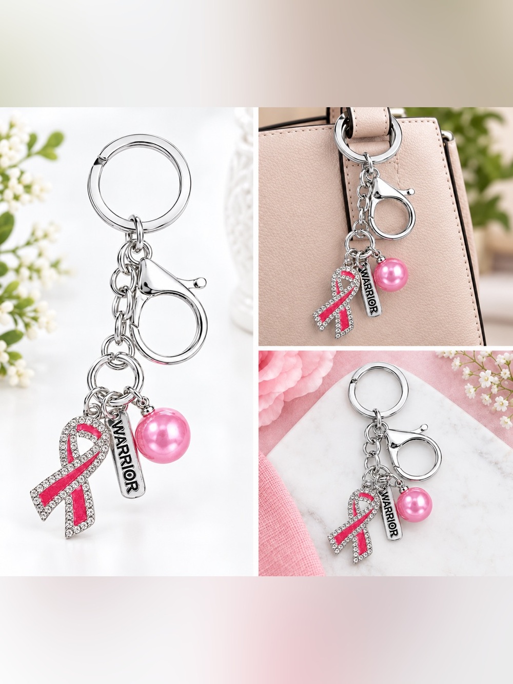 Pink Breast Cancer Awareness Ribbon Keychain with 'Warrior' Tag